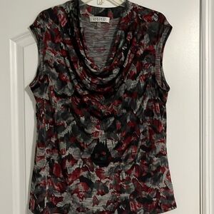 Kasper, sleeveless top. Black/gray/red abstract print. Size XL.